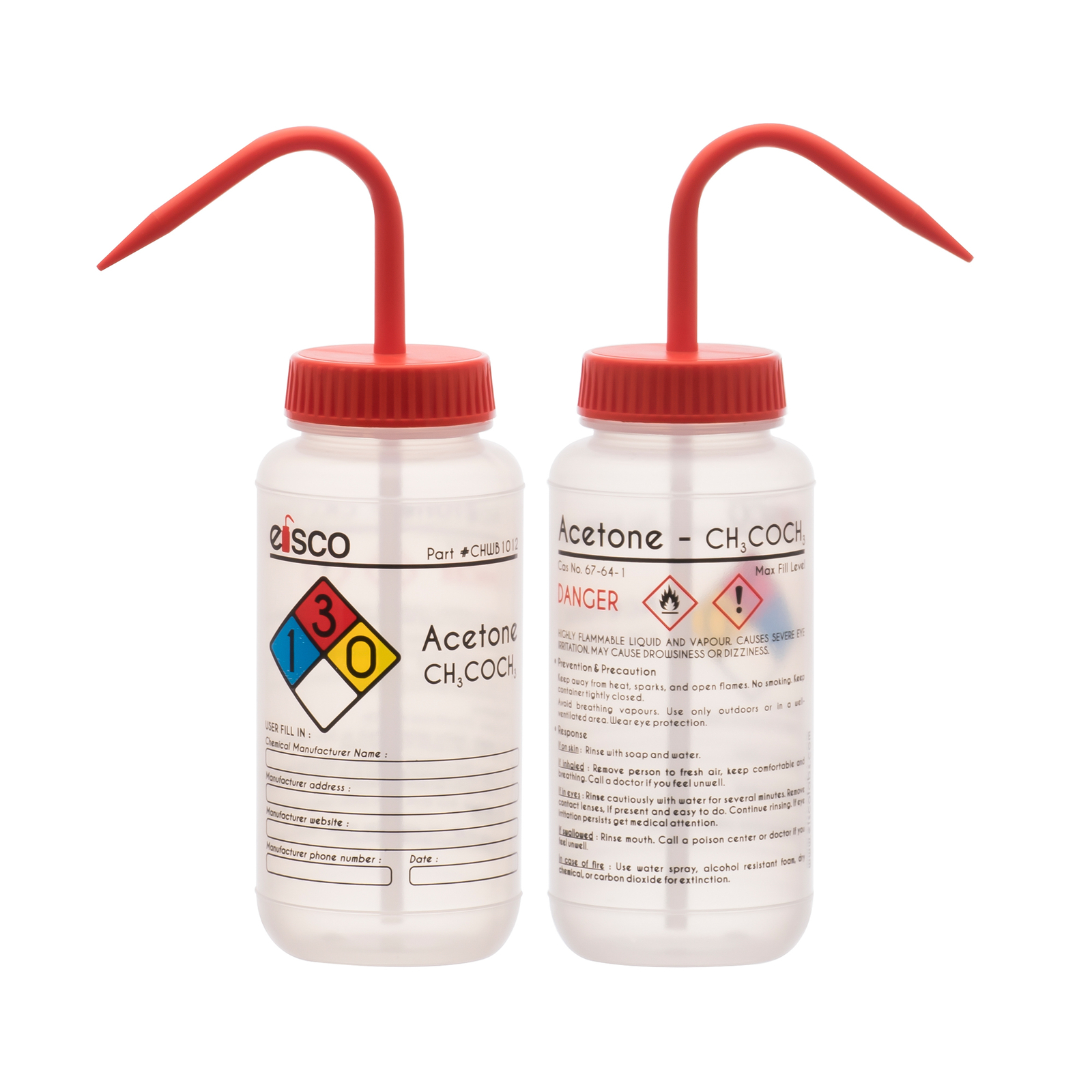 Acetone Wash Bottle, 500ml - Wide Mouth, Pre-Labeled - LDPE - Eisco Labs