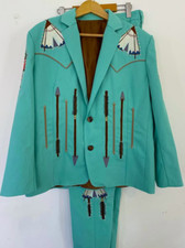 Men 2Pc Bespoke Arrow Embroidered Nudie Western cowboy Cocktail Prom Outfit