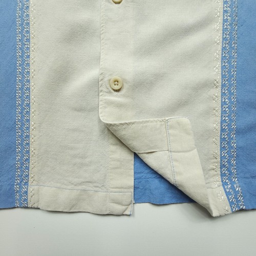 Rainforest Cafe Men Shirt XL Blue Tan Linen Rayon Bowler Rockabilly Hipster Camp - Picture 11 of 23