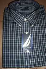 NWT NAUTICA MENS BUTTON DOWN SHIRT REGULAR FIT BLACK GREEN PLAID 16 34/35