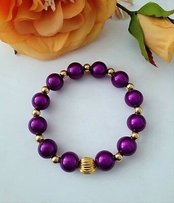Sylvie's Magic Bead 3 D Perlen Armband lila  gold 19 cm dehnbar/0692