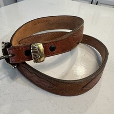 Vtg Belt-Hand Tooled Stamped Brown  Buckle Genuine Leather Sz 26 Made in Texas