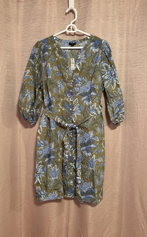 NWT Talbots Women’s Size 14P Green Floral Cotton Crew Neck Belted Shirt Dress - Image 3 of 4