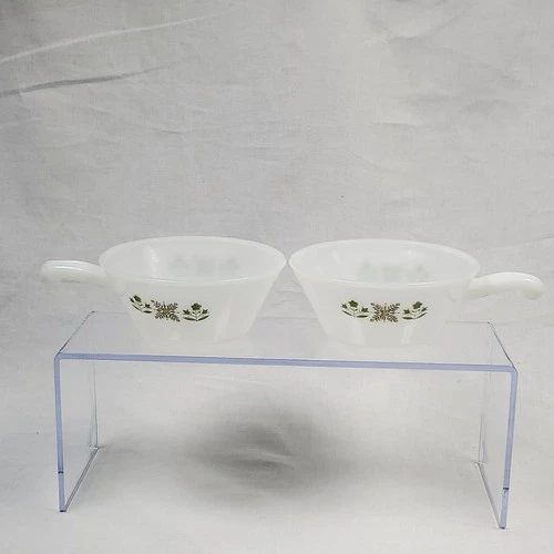 Set of 2 Vintage Anchor Hocking Fire King Green Meadow Soup Bowl With Handle USA