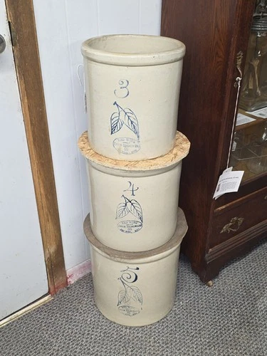 Grouping of 3 Antique 3, 4 and 5 Gallon Birch leaf - Red Wing Stoneware Crocks