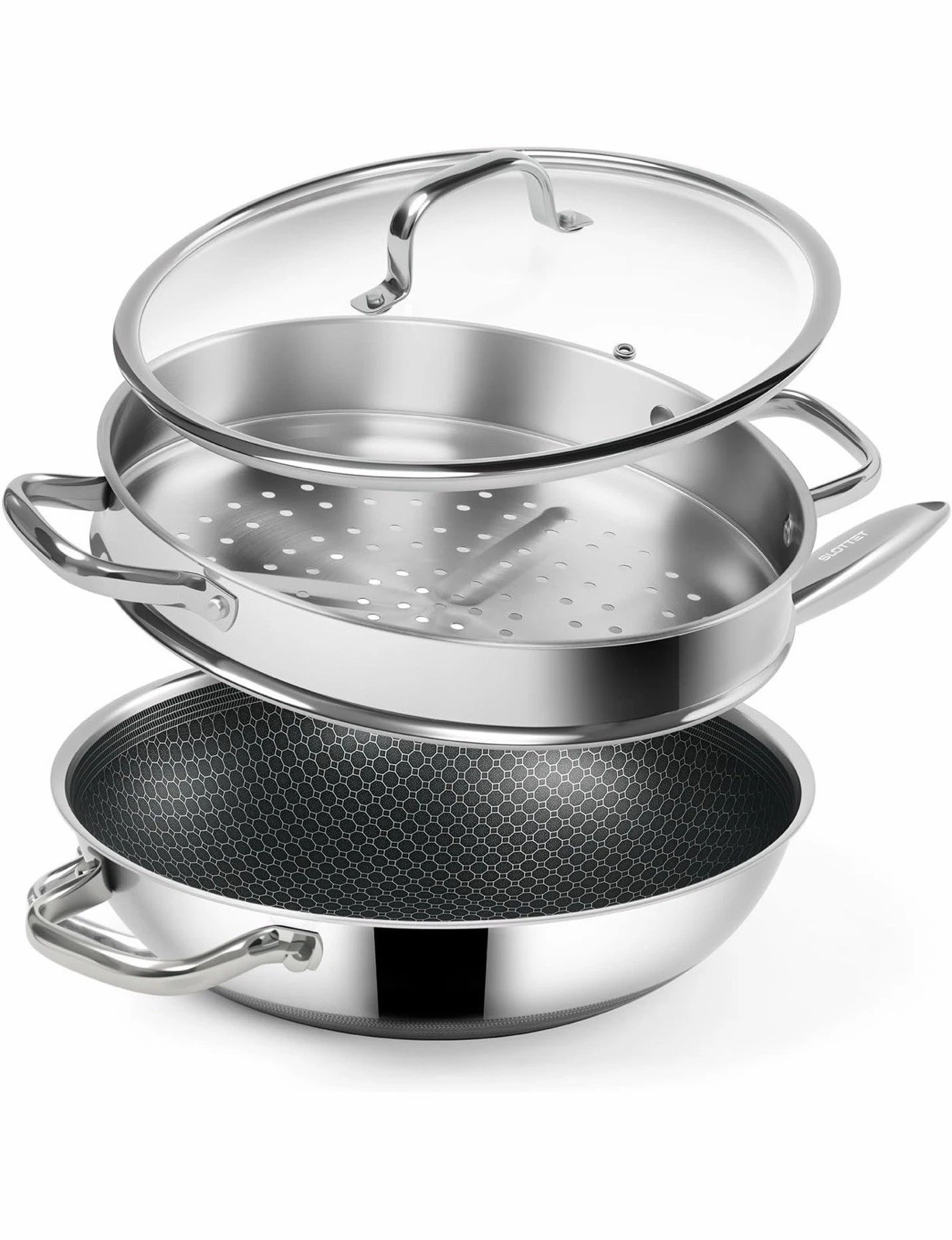 12” Stainless Steel Wok Pan w/ Steamer Lid Nonstick Hybrid Induction Safe