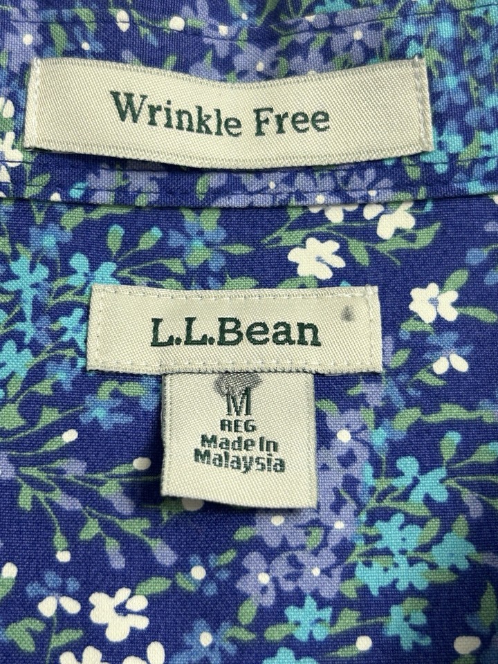 L.L. Bean Button Up Shirt Womens Med Blue Floral Print Wrinkle Free ...