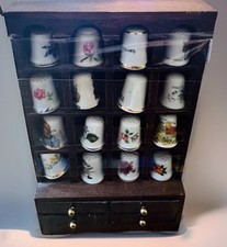 Thimbles Wooden Display Rack and Draws Set of 12 Porcelain Ceramic VGC Vintage