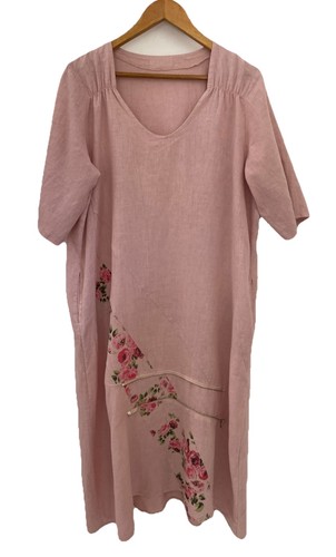 Made In Italy 14-16 / L-XL Pink Floral Rose Pure Linen Midi Shift Dress Pockets - Picture 10 of 13