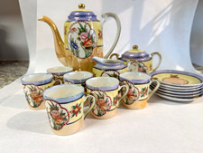 Vintage Glazed Porcelain Tea Set 6 Cups/Saucers Teapot Creamer Sugar Lovely