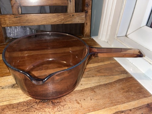VISION CORNING FRANCE GLASS 18cm Saucepan / Milk Pan Amber Smoked Vintage - Picture 1 of 5