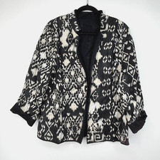 Chico's Womens Large Lightweight Jacket Black White Gray Ikat Reversible 3/4 Slv