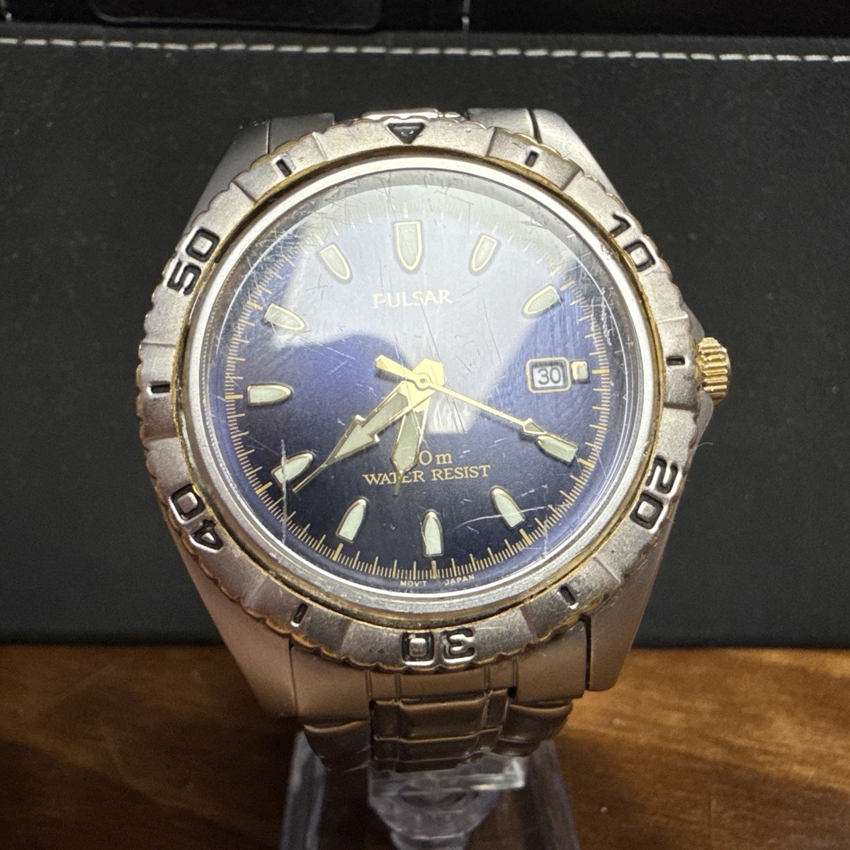 Men's Pulsar V732-X203 Date Only Wrist Watch blue Dial 40MM SS