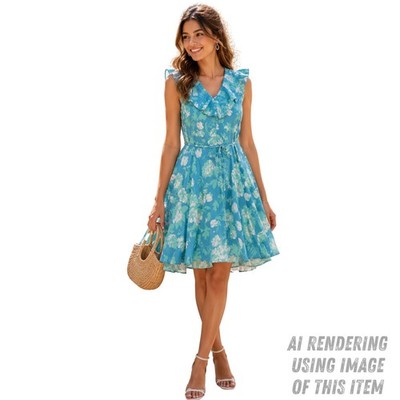 Calvin Klein Size 14 Floral Rayon Ruffle V-Neck High-Low Mini Dress Blue Green