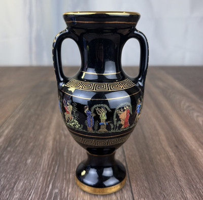 Hand Made 24K Gold & Black Adis Greek Ceramic Vase Mythology Made in Greece 6''