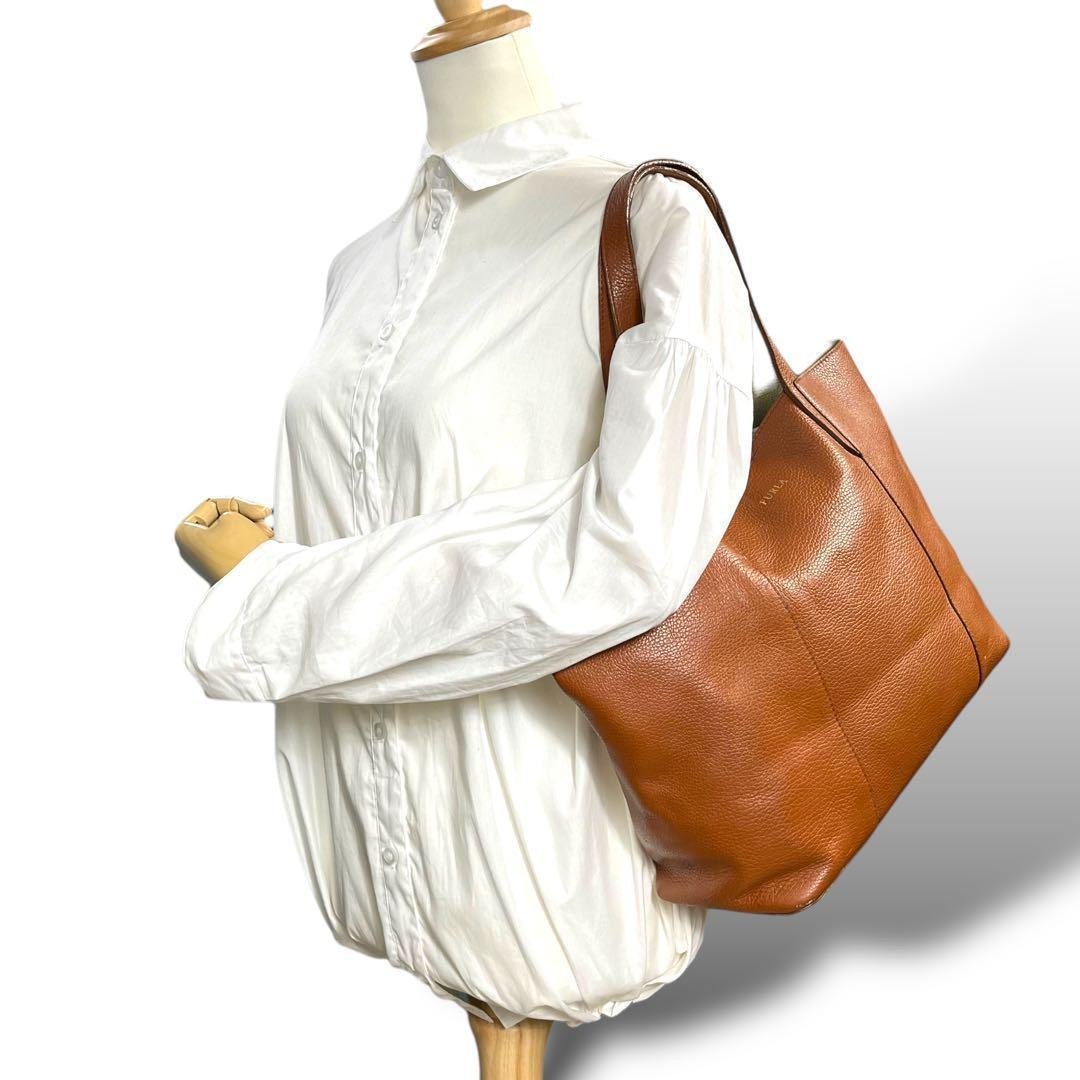 FURLA Tote Shoulder Bag A4 with Pouch Logo Leather Brown women's cute FROM JAPAN
