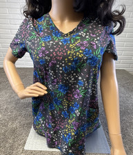 Scrubstar Scrub Top Women's Medium Black Floral Print V-Neck Stretchy Pockets