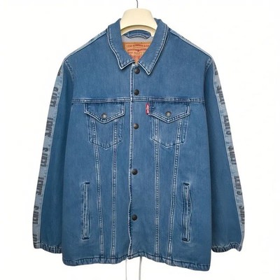 Levi's Premium Track Coach Trucker Jeansjacke Herren Große L Blau Seitenstreifen 5