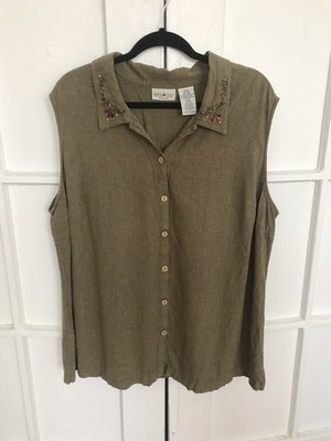 White Stag Womens Linen Rayon Sleeveless Embroidered beaded Top Green Sz 26W