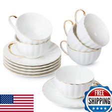 BTaT White Porcelain Tea Cups & Saucers Set of 6, 7oz w/Gold Trim, Dishwasher Sa