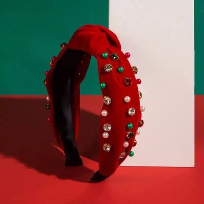 Cerchietto Natalizio Donna Con Perle E Strass - Fascia Capelli Rosso Natale