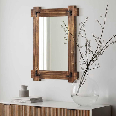 Rustic Farmhouse Wood Framed Mirror - 24x36 Inch Wall Decor Accent