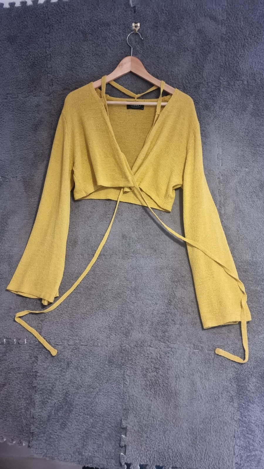 Cider Boho Festival Crop Wrap Top Bell Sleeve Knit Mustard Gold Size Large image 3