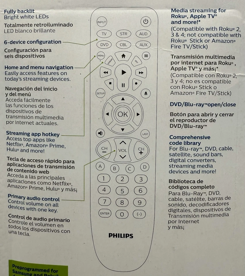Philips Universal TV Remote Control SRP9368D/27 6 Devices Backlit Sound Bar NEW - Image 4 of 4
