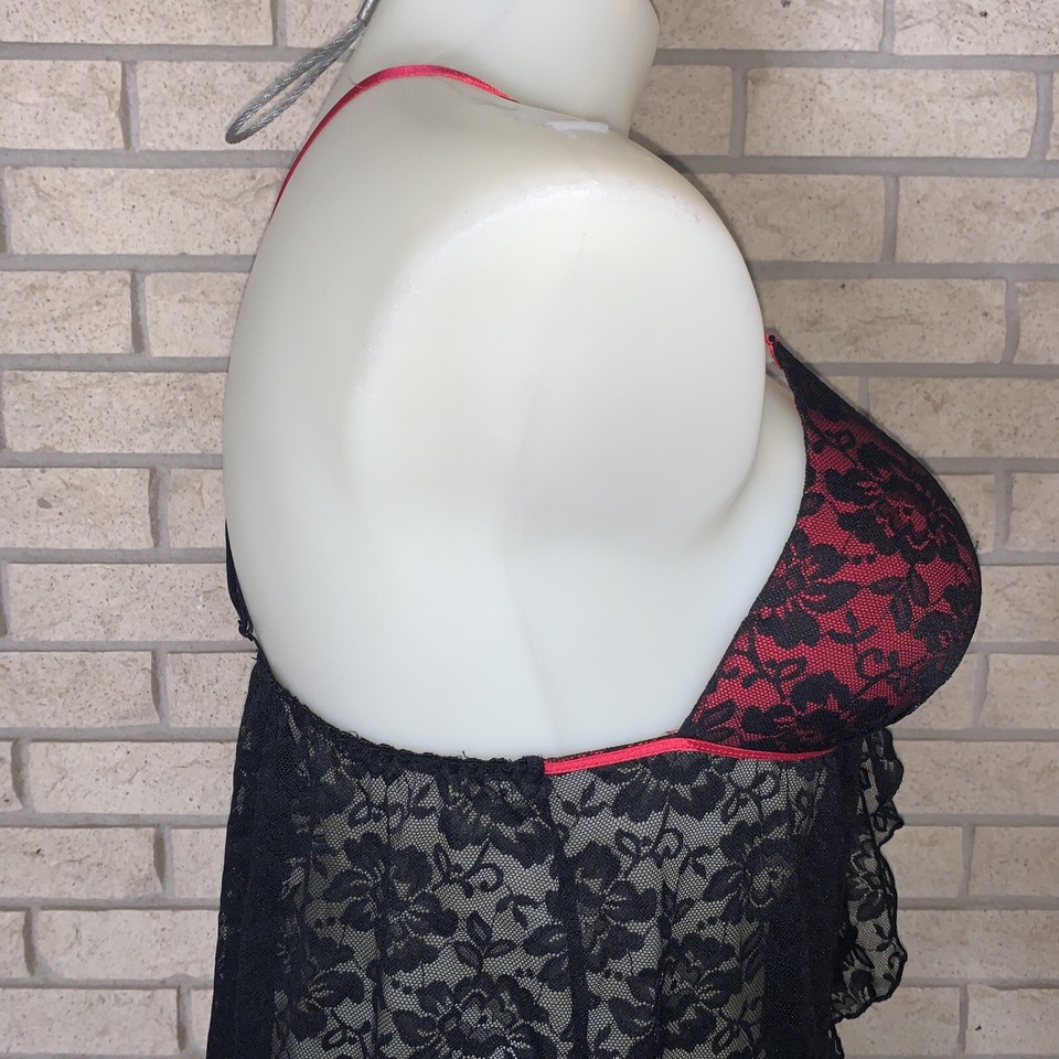 VTG Secret Treasures Black/Red Floral Stretch Lace Semi Sheer Slip