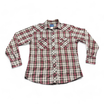 Vintage Wrangler Western Shirt Adult LARGE Red Green Plaid Pearl Snap 90s Cowboy