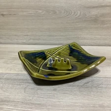 Vintage California USA E 32 Ashtray Mid Century Modern Green Blue 9" Art USA