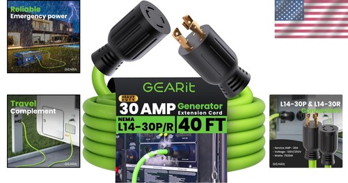 30-Amp Weather-Resistant Generator Extension Cord - 40ft, Twist Lock, Green - Picture 2 of 11