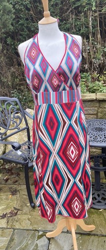 MONSOON S 22 Cerise & Blue Chevron Silk Halterneck Special Occasion Dress - Picture 5 of 21