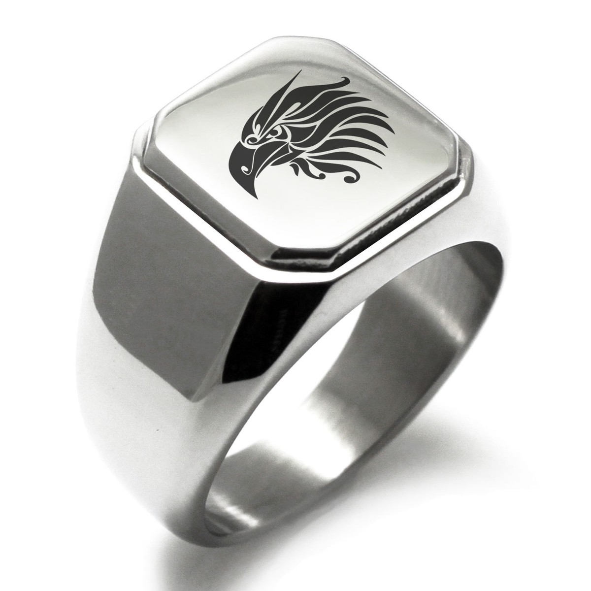 Stainless Steel Tribal Eagle Design Mens Square Biker Style Signet Ring