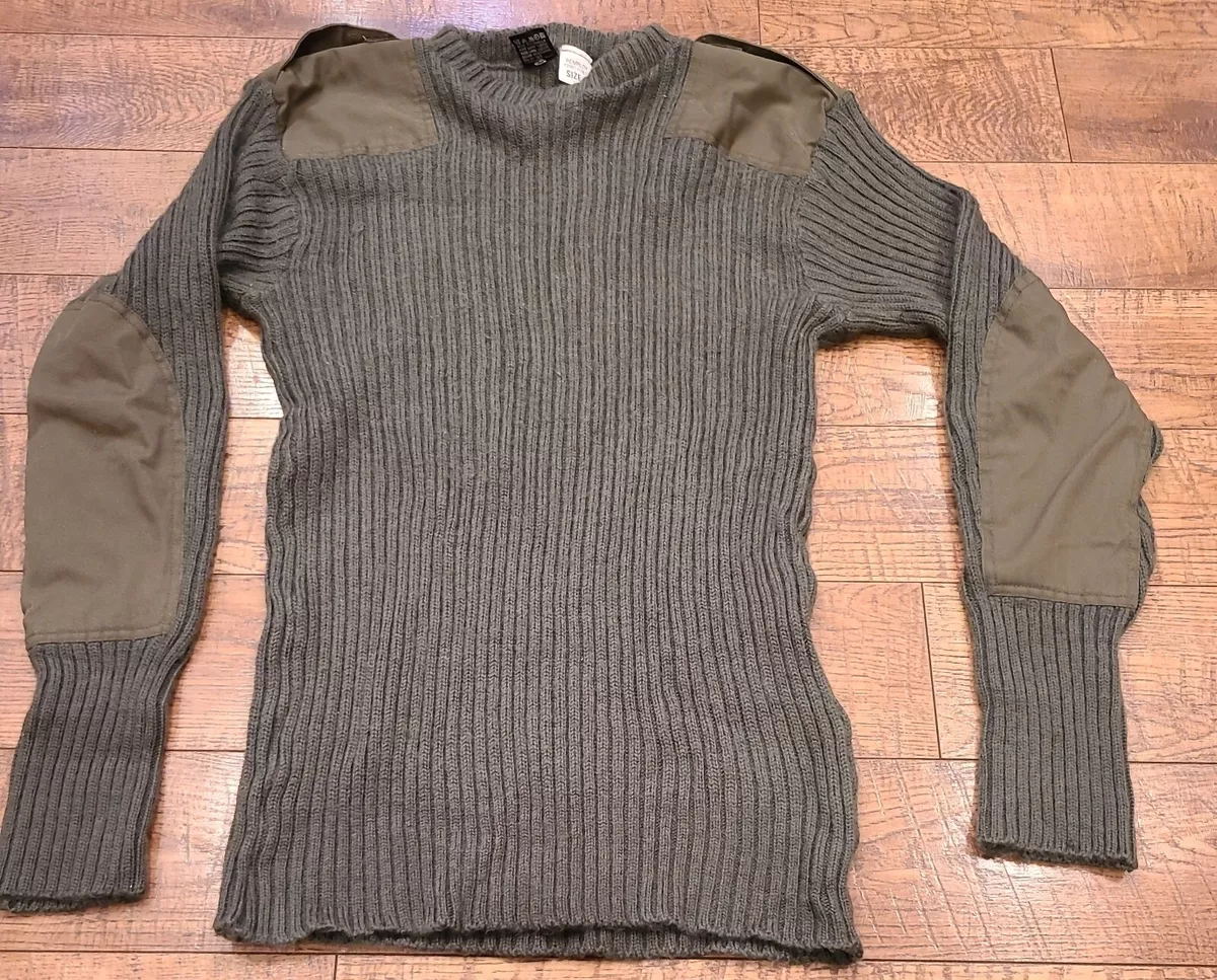 Military Issued Sweater 4 Green Khaki Pure Wool Shoulder Elbow Patch Cable  Knit