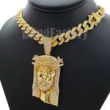Iced Gold plated Hip Hop Large Jesus Pendant & 18" Cuban Choker Chain Necklace
