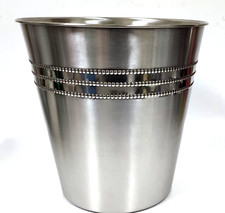 2 TONE BRUSHED & POISHED SILVER TONE METAL BEADED STRIPES WASTE BASKET,TRASH CAN