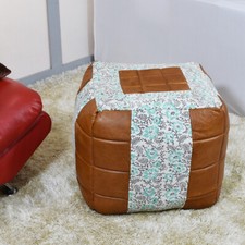 Contemporary Handmade Canvas with leather Square Pouf in Green Brown Color BBH