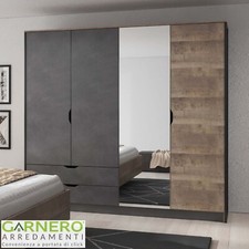 Armadio 220x204 cm 4 ante specchio ripiani e appendiabiti grigio quercia DABLE