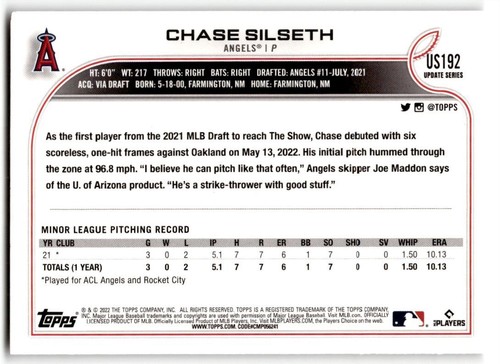 2022 Topps Update Chase Silseth Rookie #US192 Los Angeles Angels - Picture 2 of 2