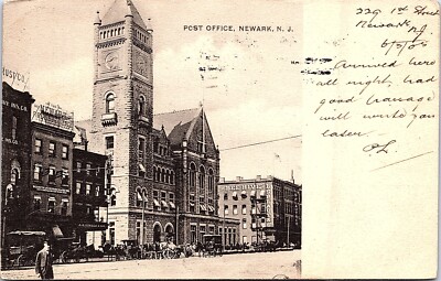 Postcard NJ View Post Office Newark Architecture Buggies Stores Signs c1905 B3