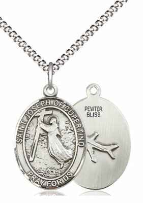 St. Joseph of Cupertino Medal 3/4'' in Fine Pewter 18'' Rhodium Plate Clasp Chain