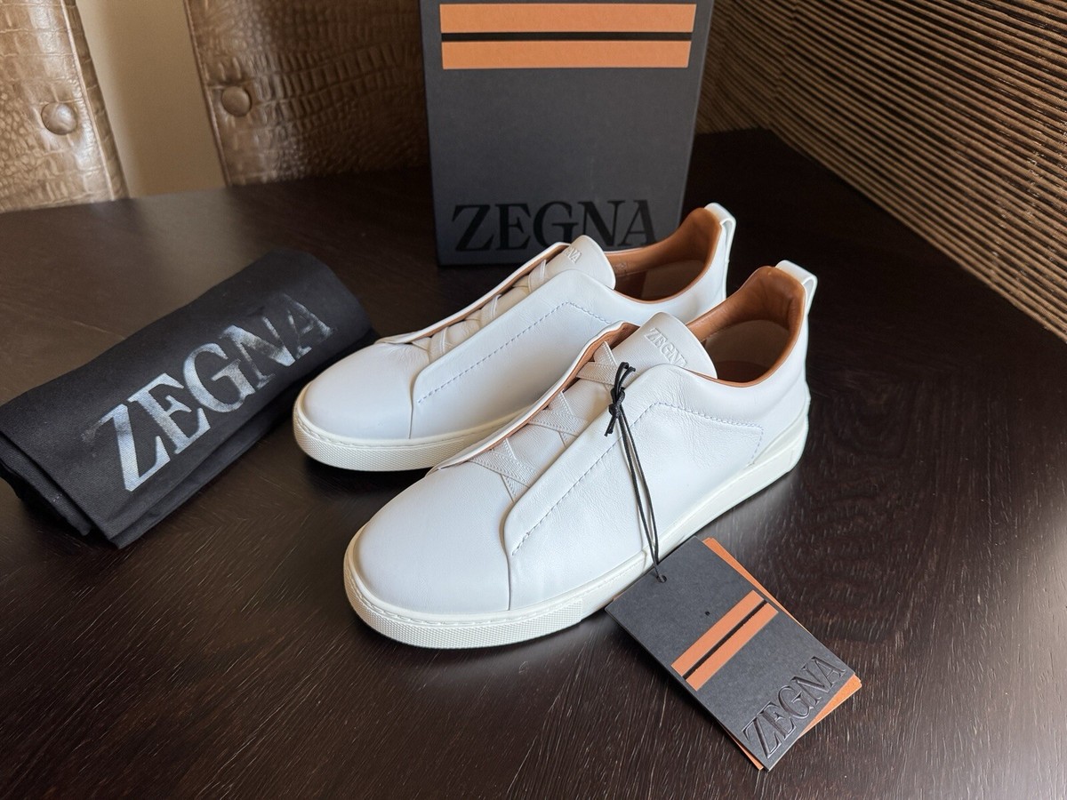 【関税&送料込】Zegna White Leather Triple Stitch Sneakers ZEGNA Triple Stitch White Foliage Nappa Calfskin Sneakers US