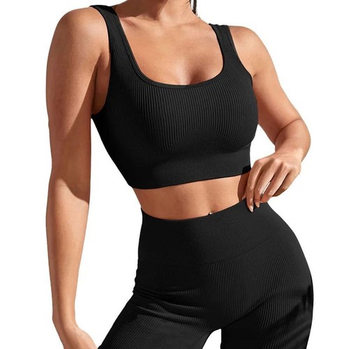 Seamless Ribbed Women Workout Outfits Yoga Leggings Sets Running Fitness - Picture 6 of 14