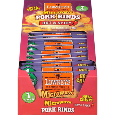 Lowrey's Bacon Curls Microwave Pork Rinds (Chicharrones) Hot & Spicy, Pack of 18