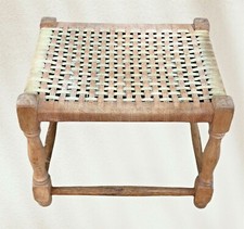 Vintage Faded Oak Stool With Ropework Seat