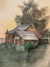 Vintage Watercolor on Cardboard Farmhouse Landscape Unsigned Americana