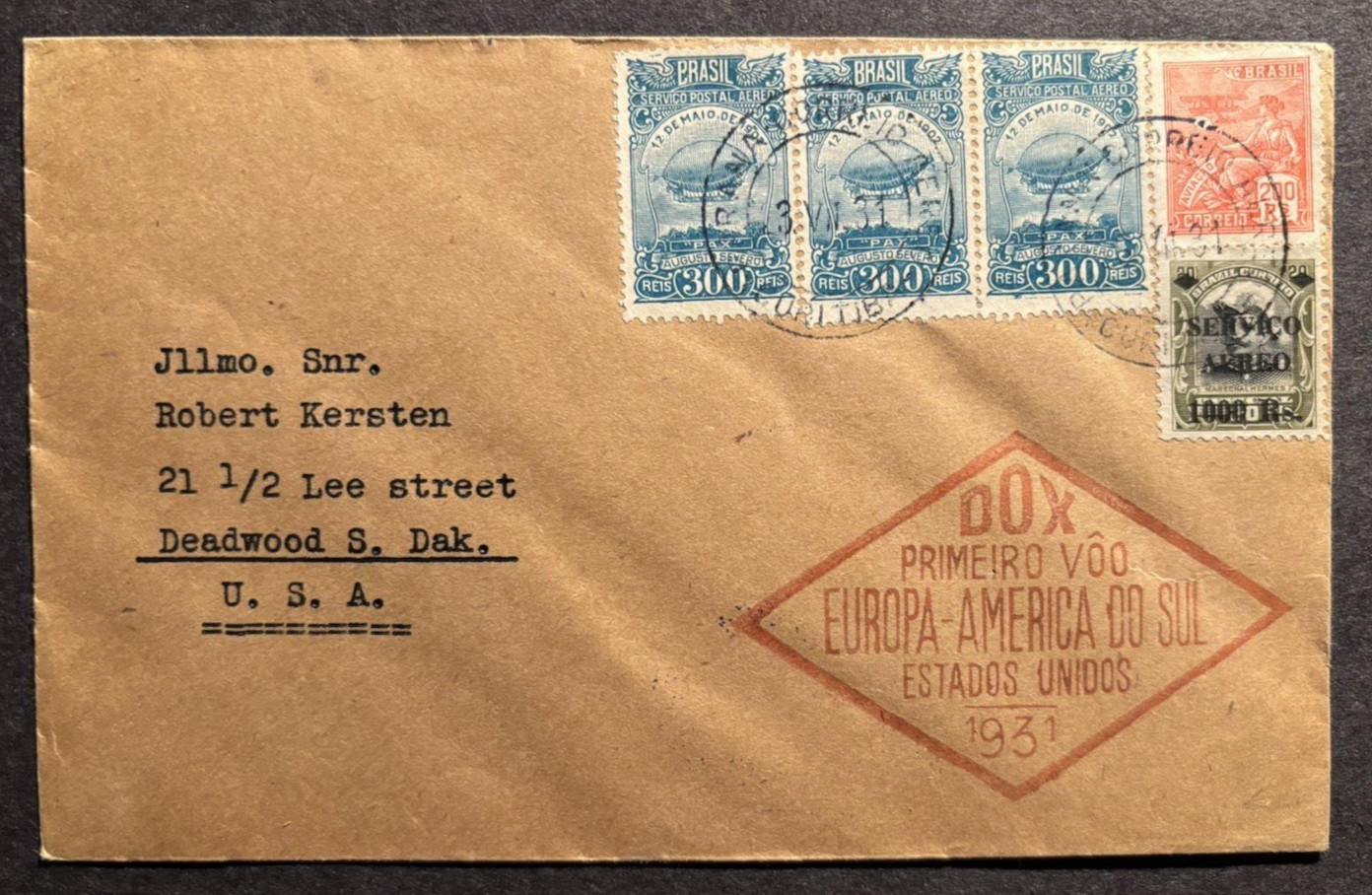 SCARCE BRAZIL 1931 DORNIER DO - X DEADWOOD DAKOTA AIR MAIL FLIGHT COVER & CACHET
