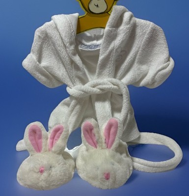 Build a Bear White Fuzzy Vintage Robe Bunny Rabbit Slippers Set Bedtime Outfit