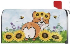 Sunflower Corgi Dog Mailbox Cover – 21" x 18" Magnetic Waterproof Mailbox Wrap